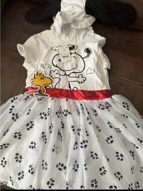 Peanuts White Dress with Red Waistband and Black Paw Print Tulle